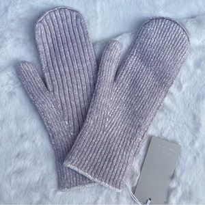 NEW COS Wool Blend Ribbed Knit Metallic Grey Violet Stretch Mittens Gloves